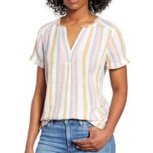 C&C CALIFORNIA Striped Linen Split Neck Top NWT XL